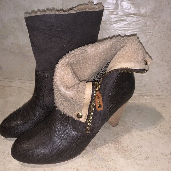 Matt Bernson Minx Brown Fold Over Faux Fur Zipper Ankle Heeled Booties Size 9.5 - Picture 5 of 9